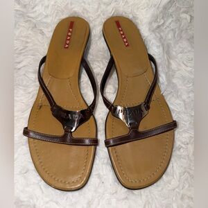 Prada Vintage Brown Logo Leather Kitten Heel Sandals with Minimalist Design